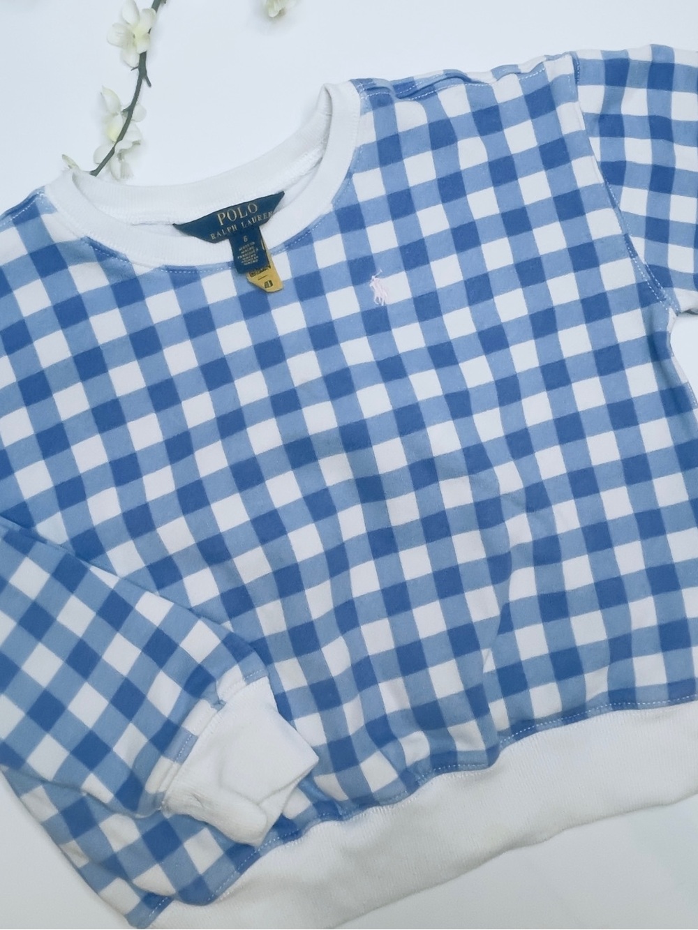 Polo by Ralph Lauren Blue & White Gingham Kids Crewneck Sweatshirt